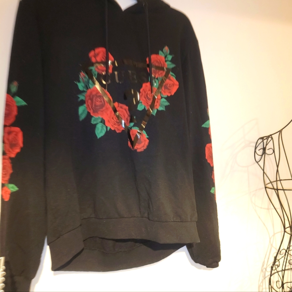 Guess Black Pullover Hoodie with Red Rose and Accents M